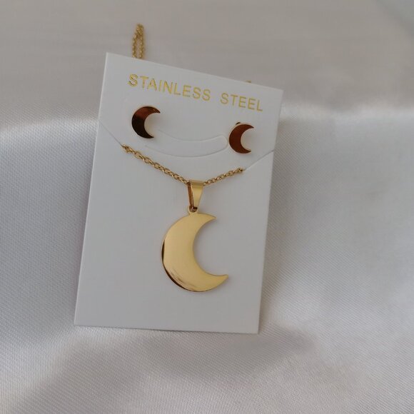 Gold Crescent Moon Jewelry Set — Stainless Steel Necklace & Dainty Stud Earrings - Picture 4 of 5